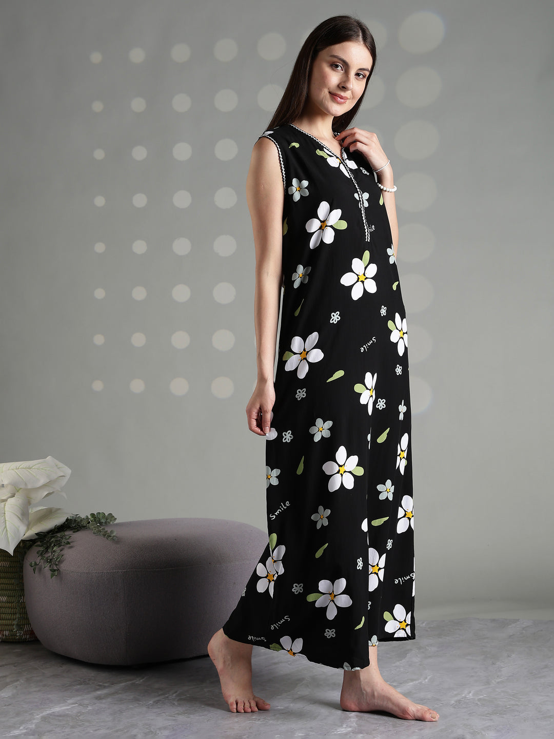 Midnight daisy rayon premium sleeveless nighty for women