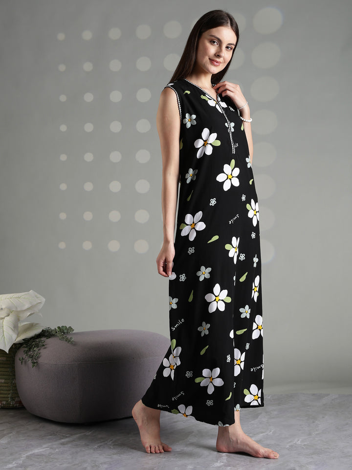 Midnight daisy rayon premium sleeveless nighty for women