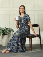Designer Geometric Print Nighty with Tiered Hem in Urbane Indigo