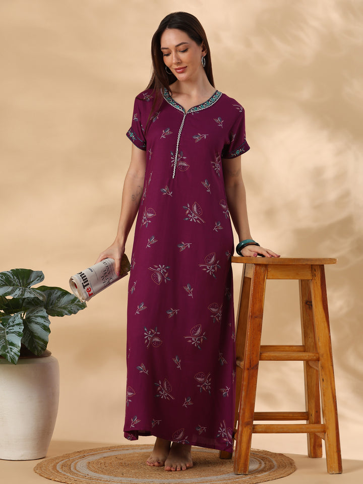 Wine printed designer alpine nighty for women online
