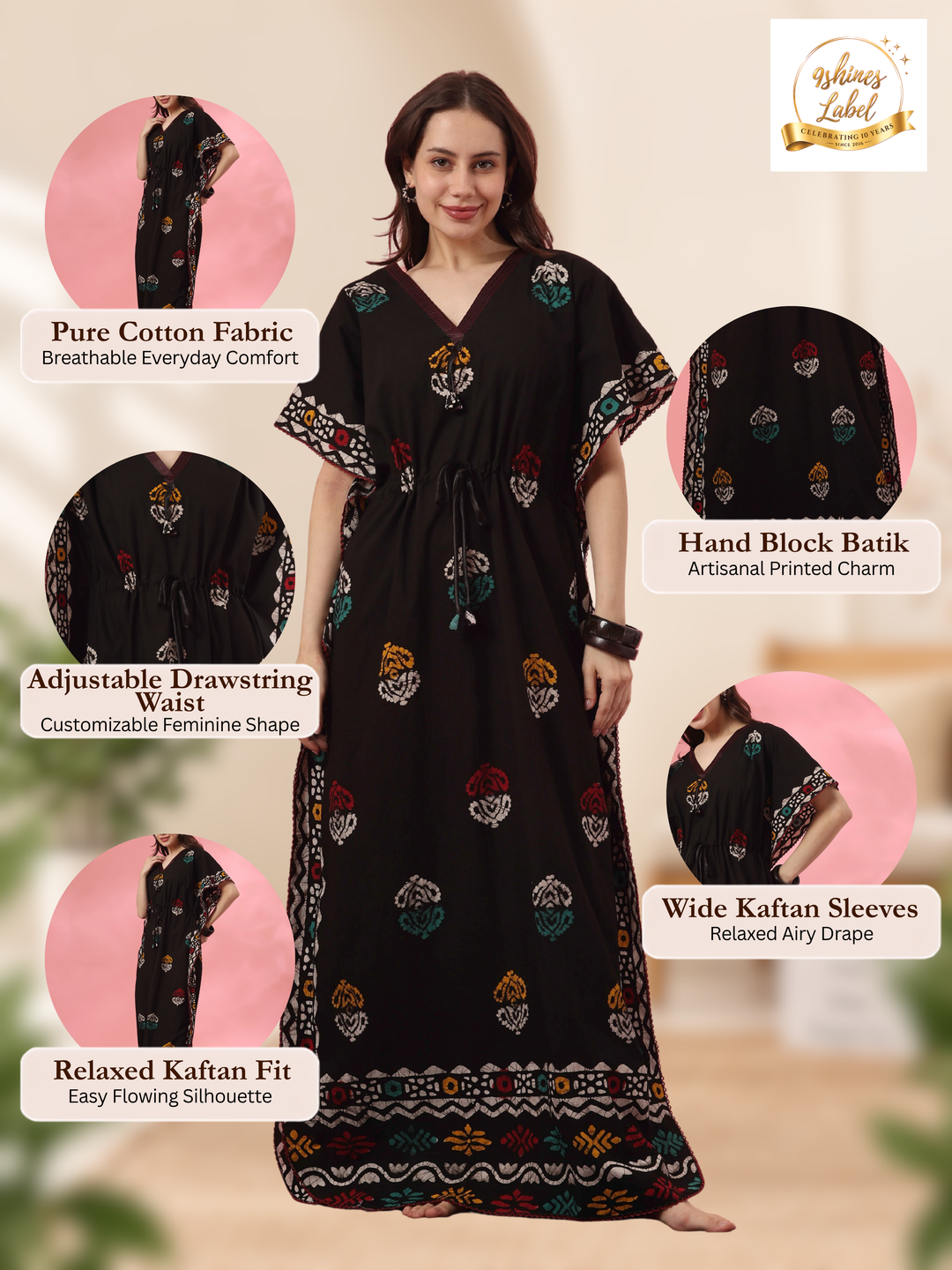 Black motif cotton kaftan nighty for women online
