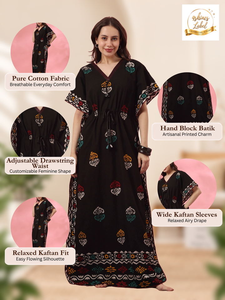 Black motif cotton kaftan nighty for women online