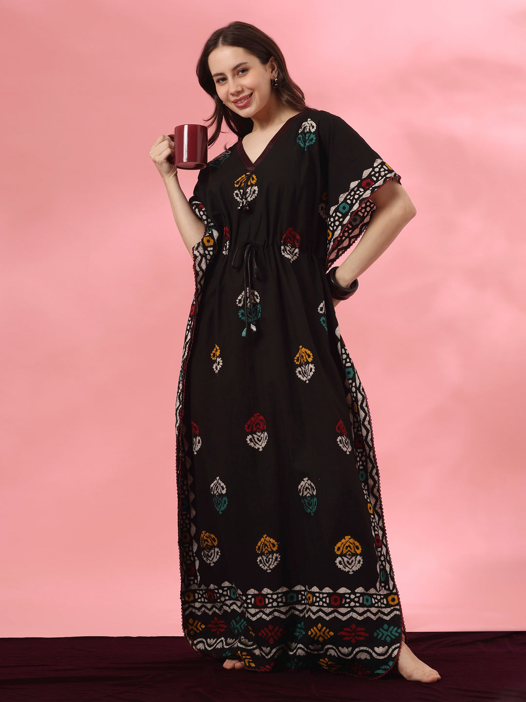 Black motif cotton kaftan nighty for women online