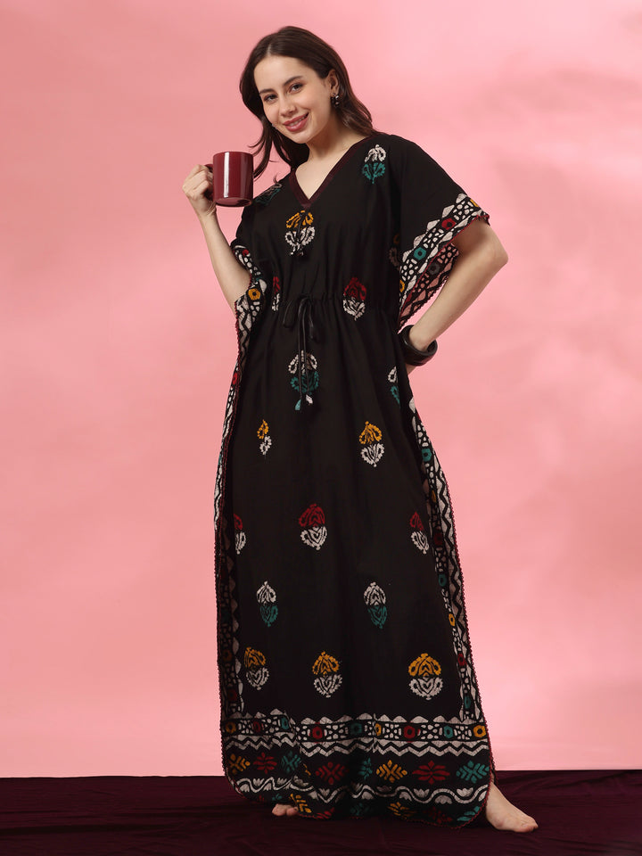 Black motif cotton kaftan nighty for women online