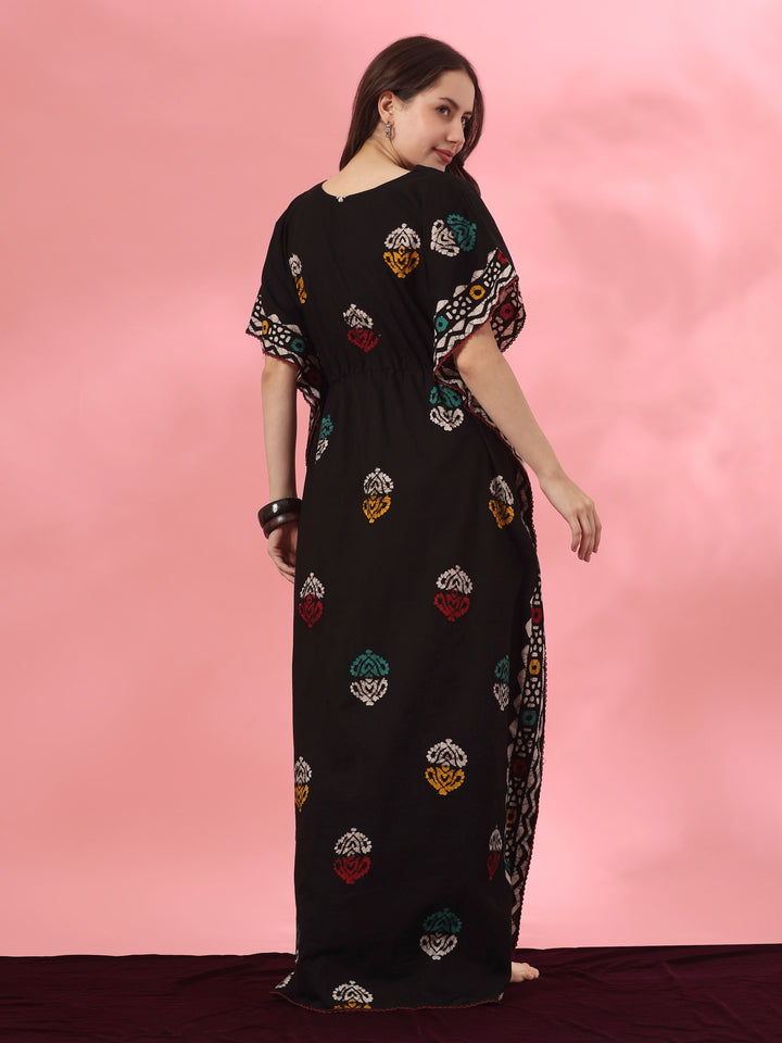 Black motif cotton kaftan nighty for women online