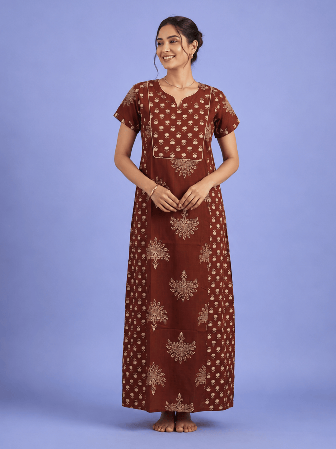 Soft Pure Cotton A Line Nighty with Traditional Jaipuri Print
