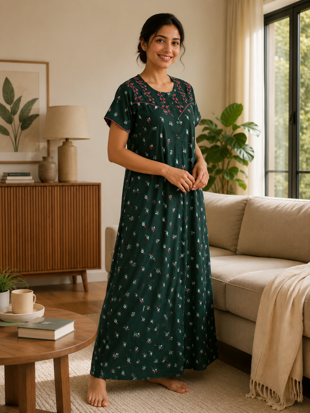 Bottle green cotton blend designer nighty for women online