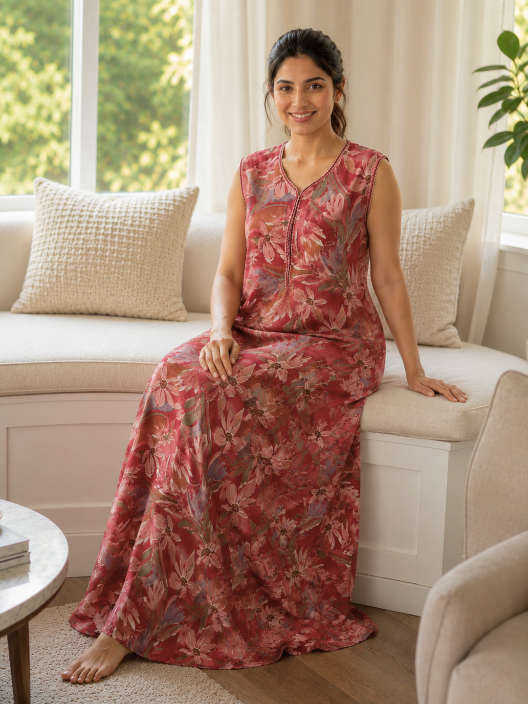 Elegant floral alpine nightdress for women in a soft blush print.