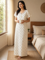 Buti Print Bamboo Feel Crush Cotton Nighty for Women Vanilla