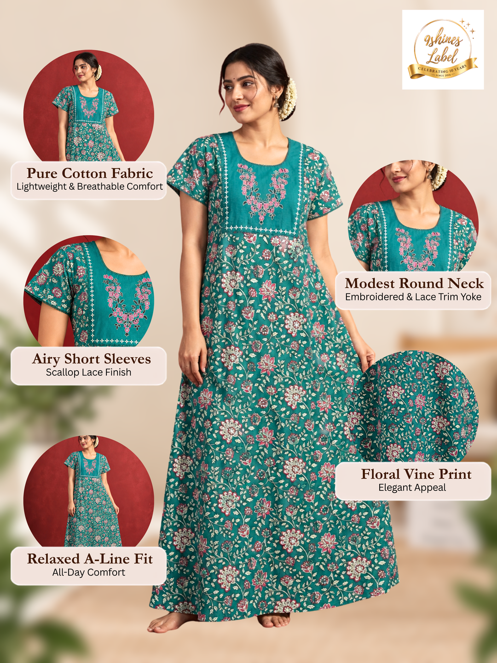 Teal floral cotton nighty dress for women online