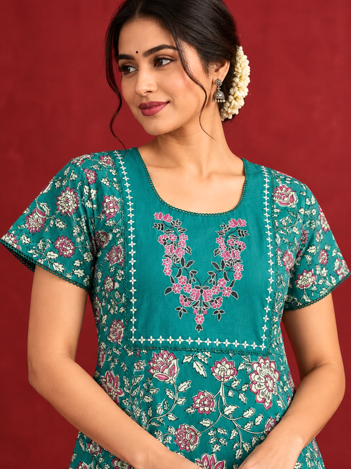 Teal floral cotton nighty dress for women online