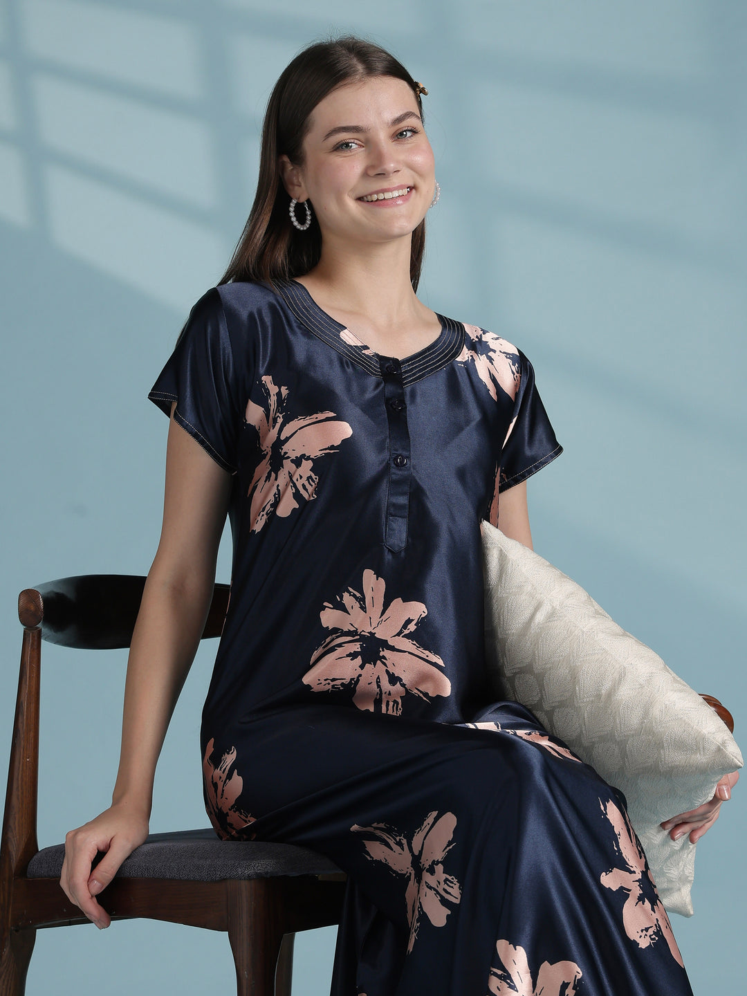 Glossy navy floral satin nighty dress for women