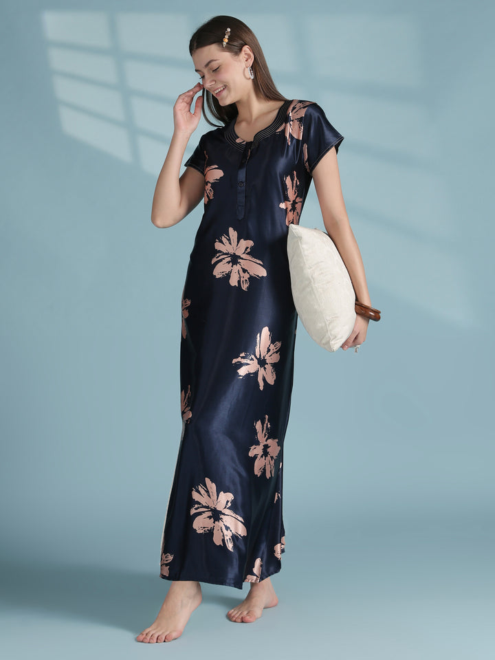 Glossy navy floral satin nighty dress for women