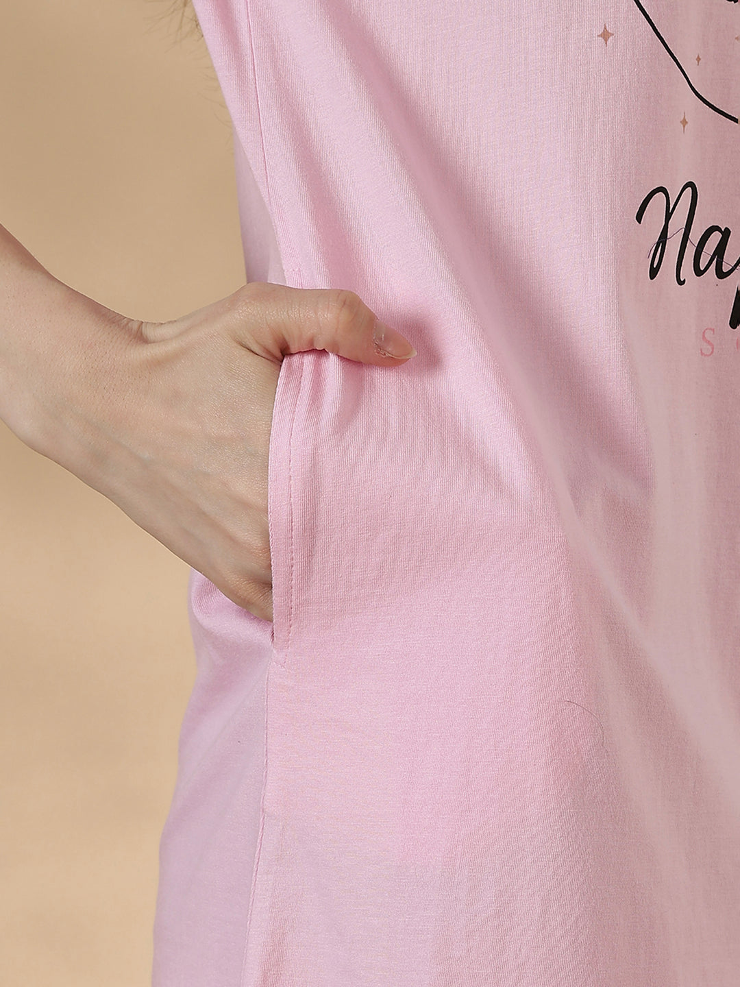 Soft cotton baby pink cute print short nighty for women