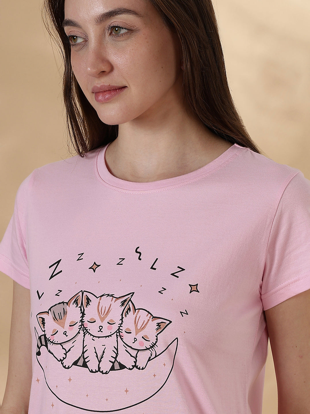 Soft cotton baby pink cute print short nighty for women