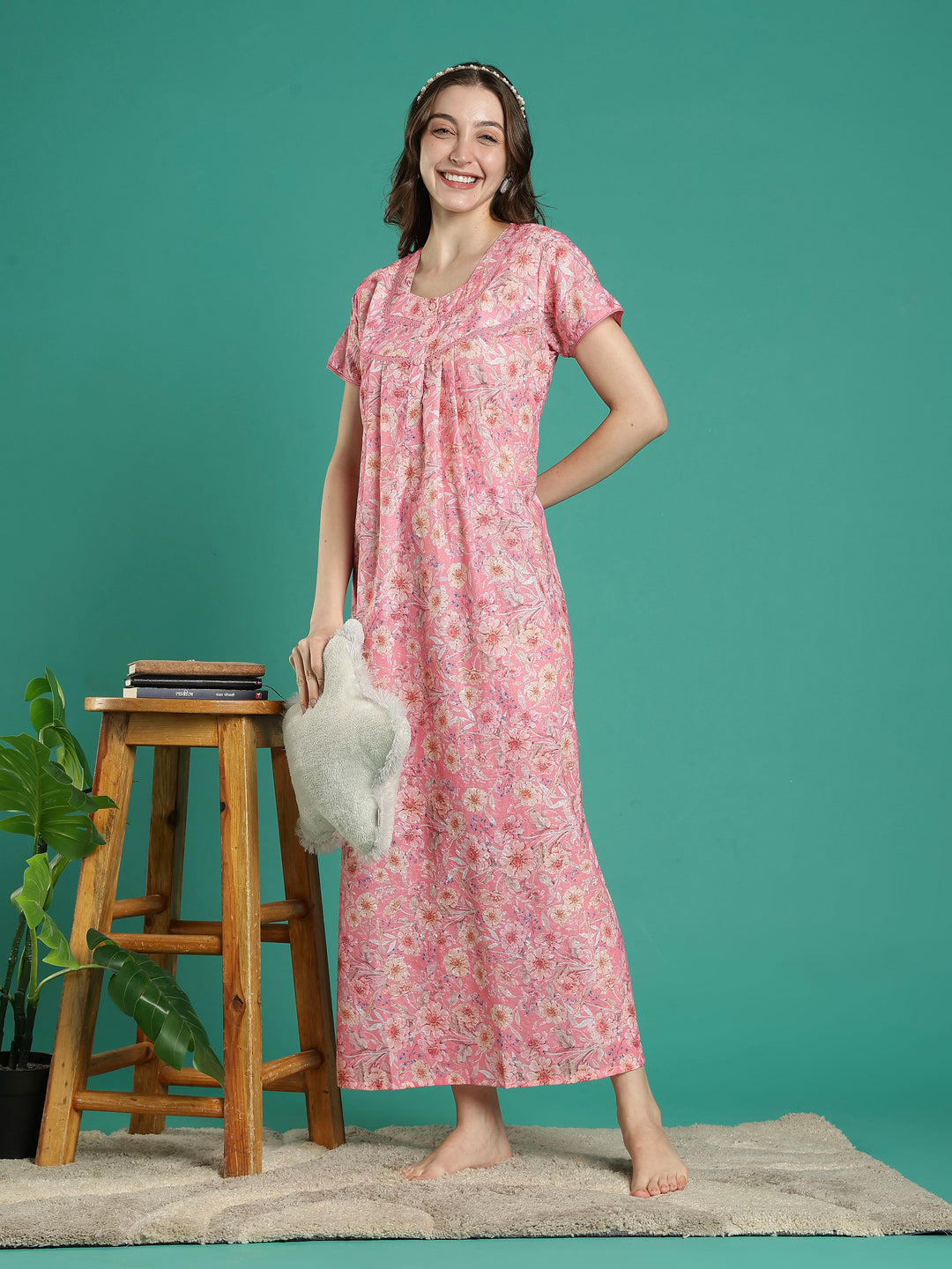 Peach pink 100% pure cotton floral night dress for women