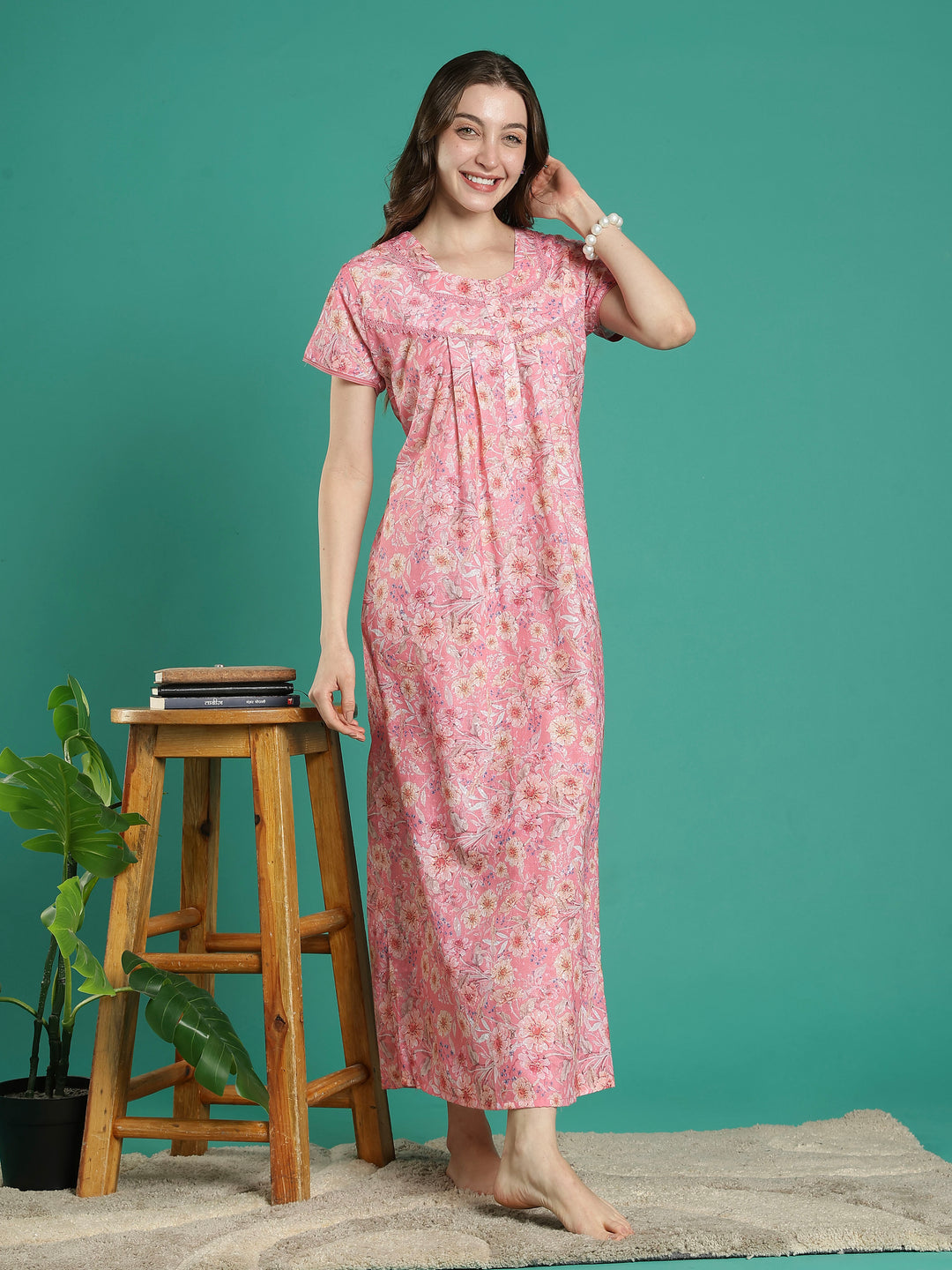 Peach pink 100% pure cotton floral night dress for women