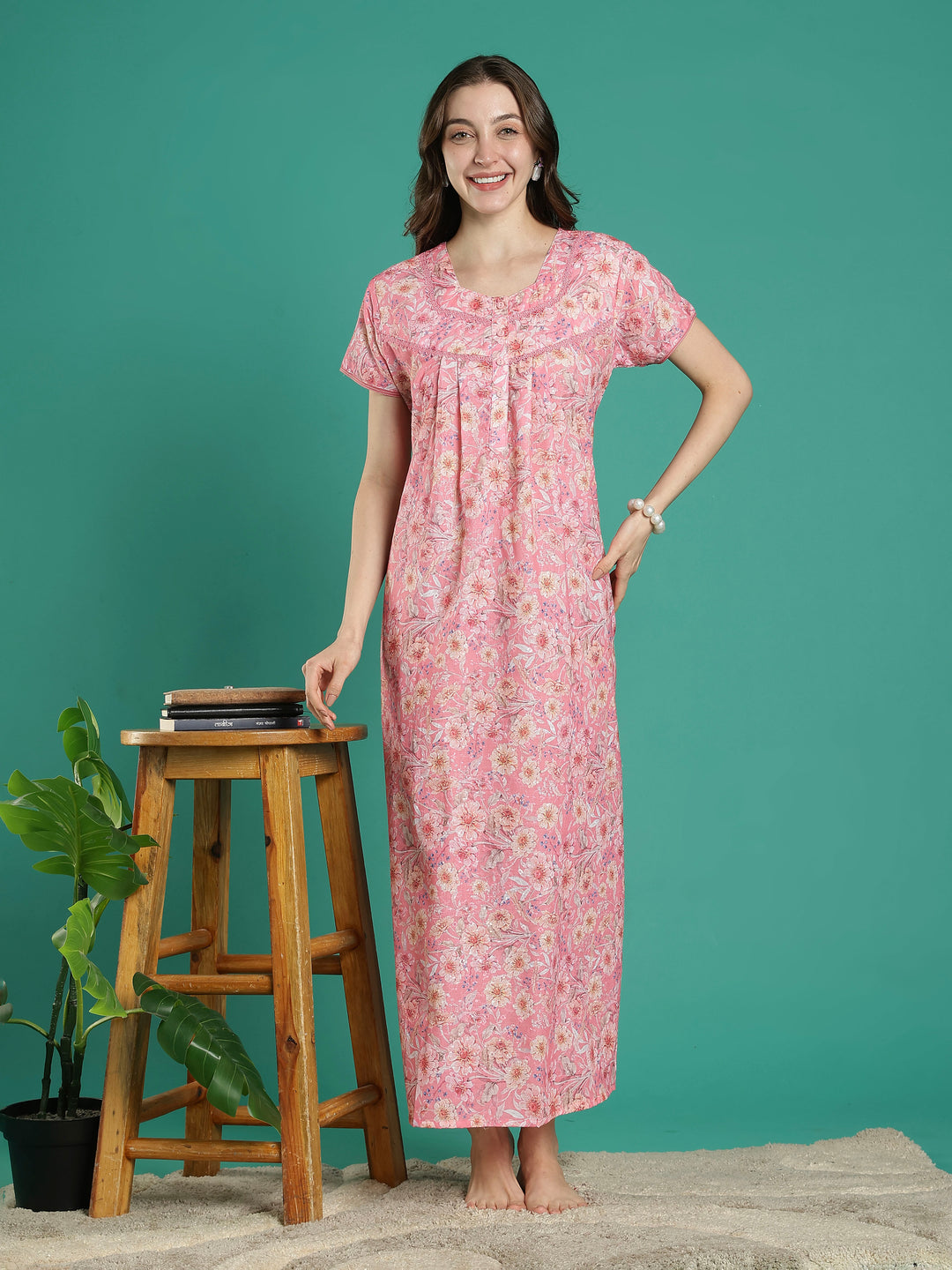 Peach pink 100% pure cotton floral night dress for women