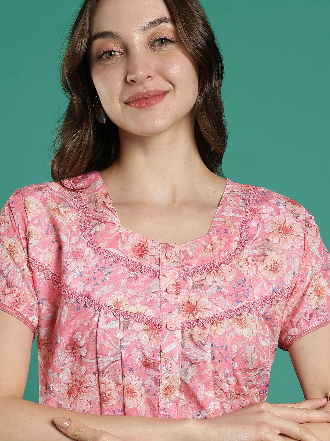 Peach pink 100% pure cotton floral night dress for women