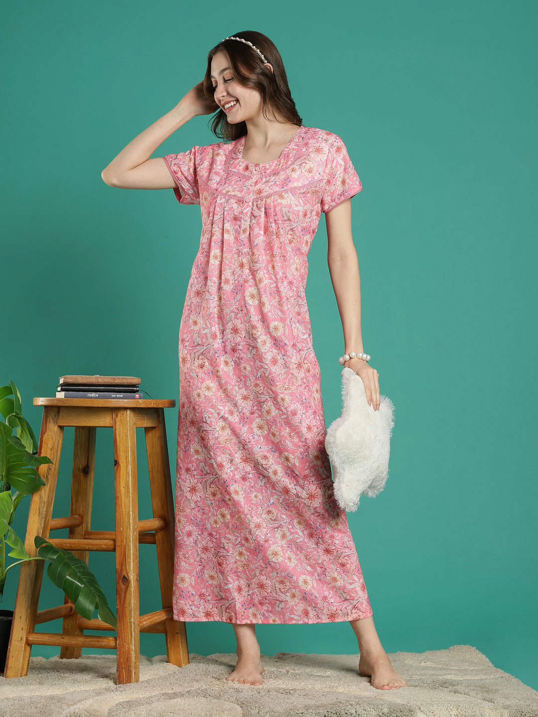 Peach pink 100% pure cotton floral night dress for women