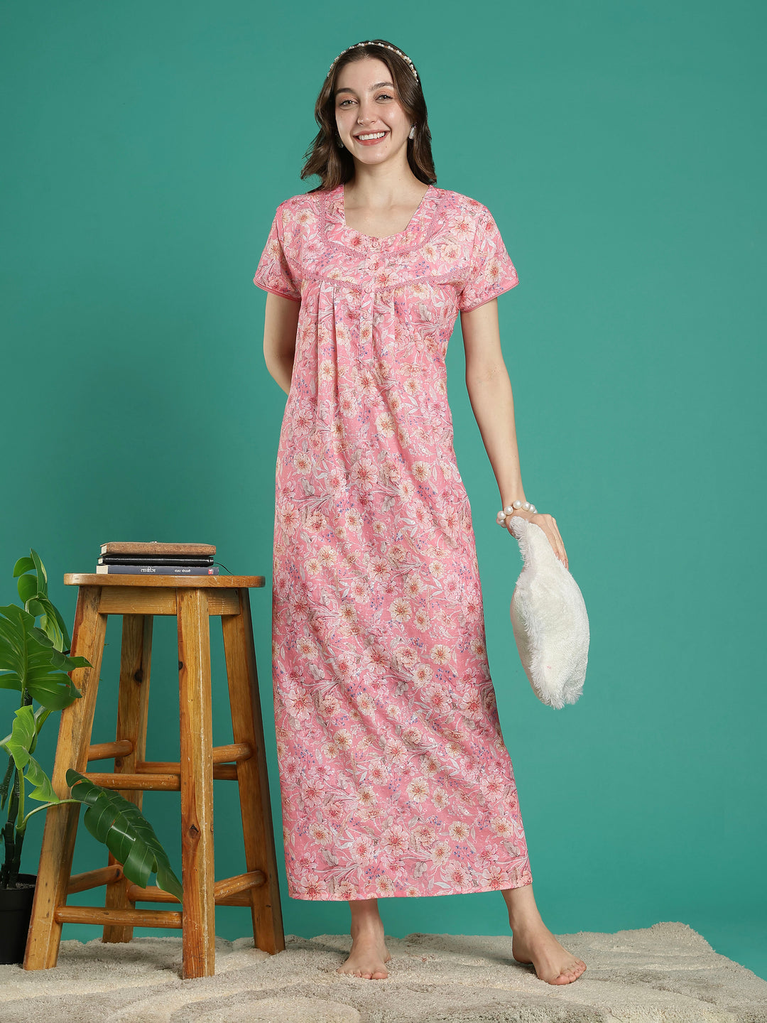 Peach pink 100% pure cotton floral night dress for women