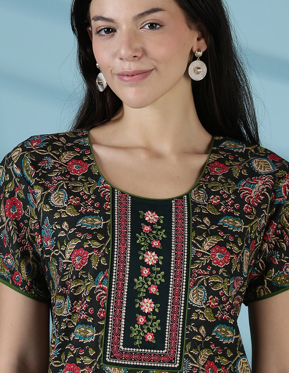 Green floral a line pure cotton night dress for women