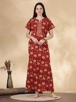 Rust Floral Pure Cotton Nighty for Women with Pocket