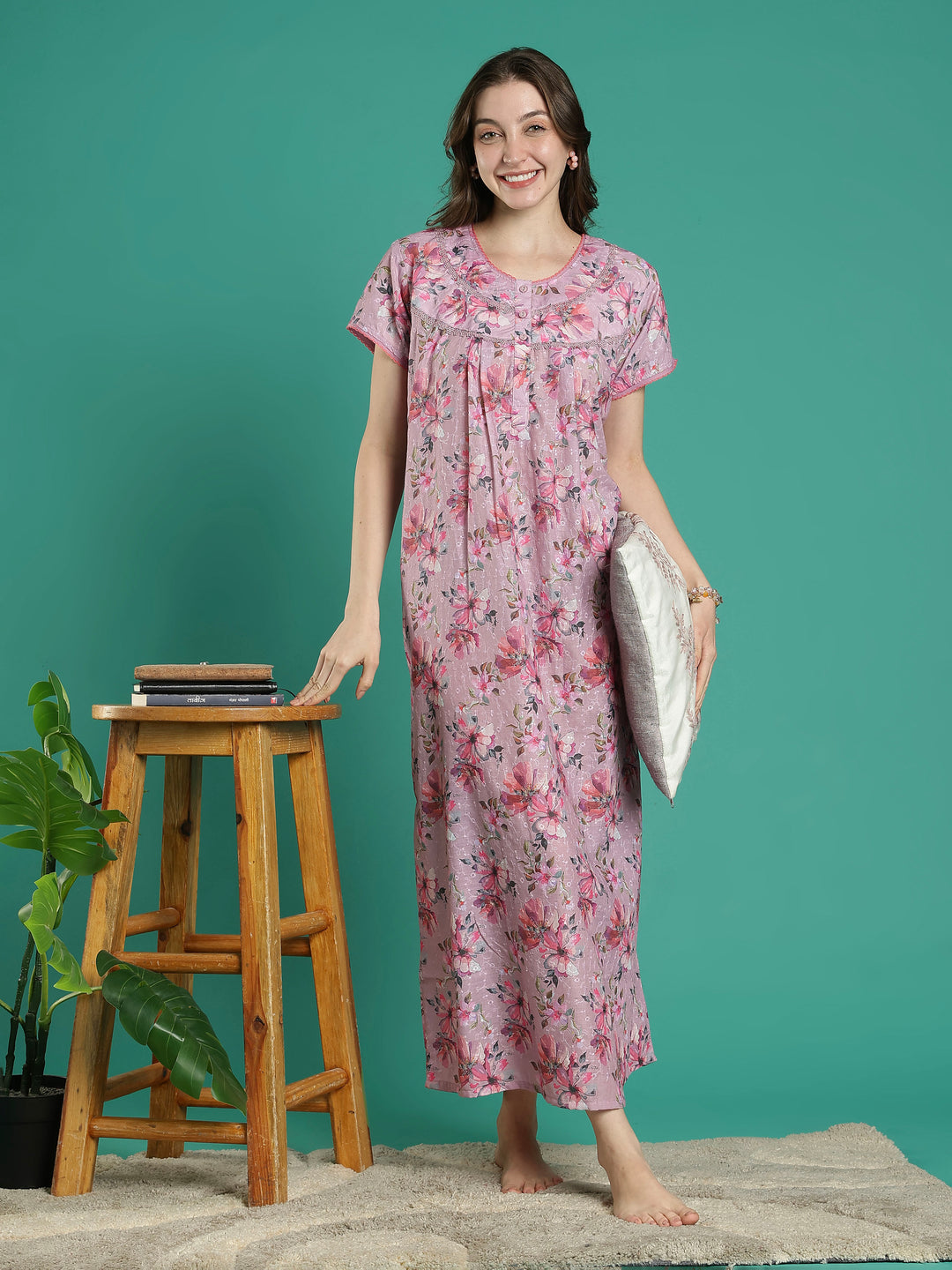Branded 100% pure cotton pink floral nighty for women