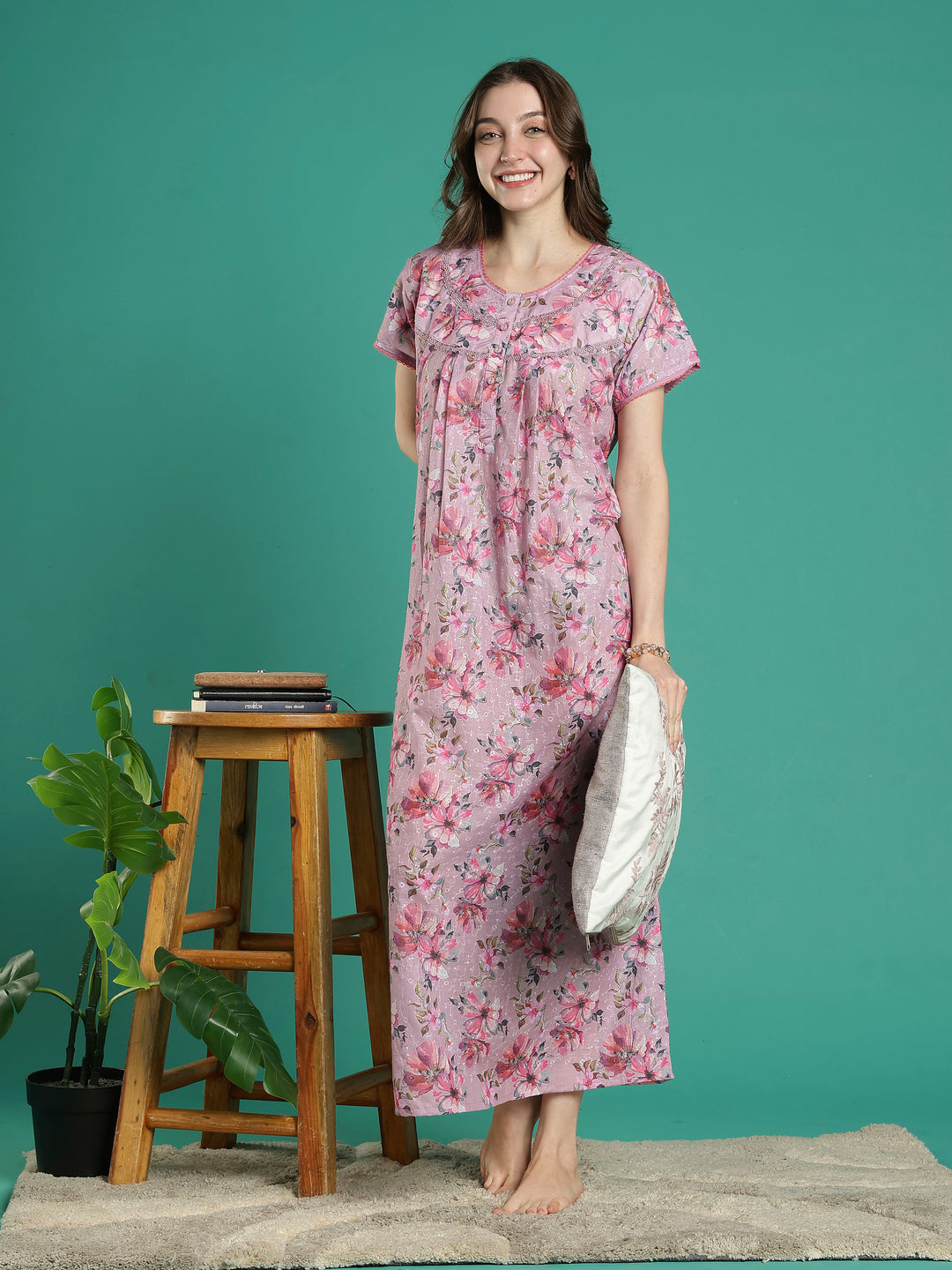 Branded 100% pure cotton pink floral nighty for women