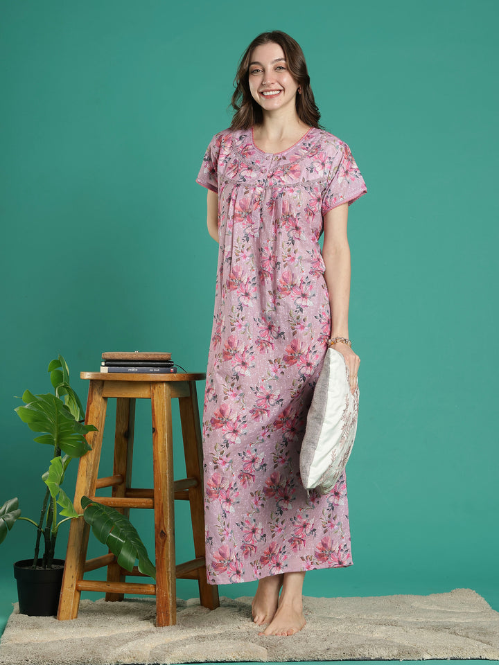 Branded 100% pure cotton pink floral nighty for women