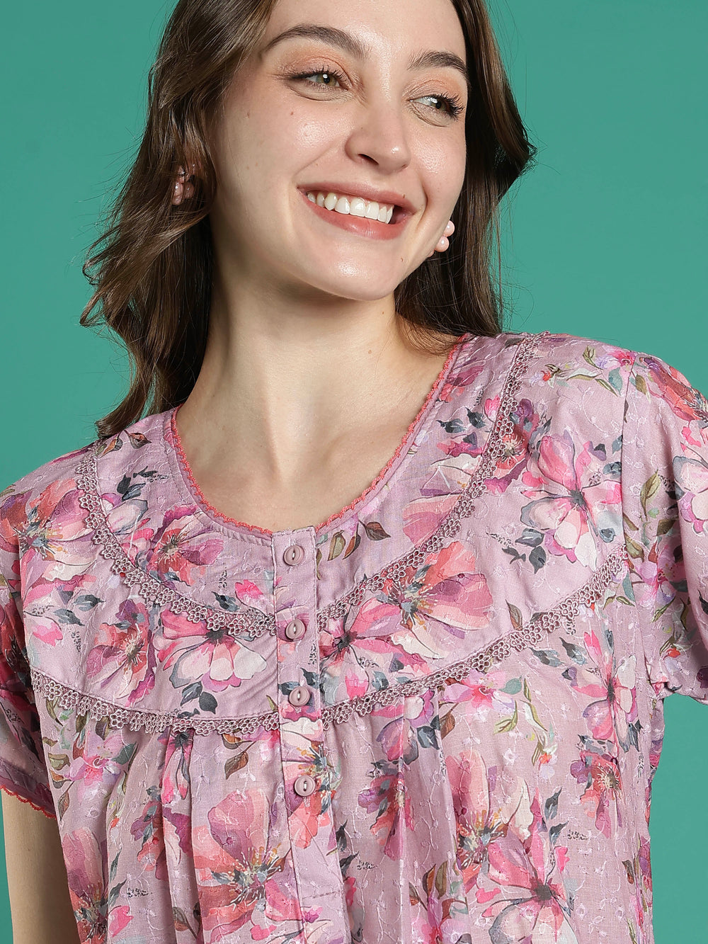 Branded 100% pure cotton pink floral nighty for women