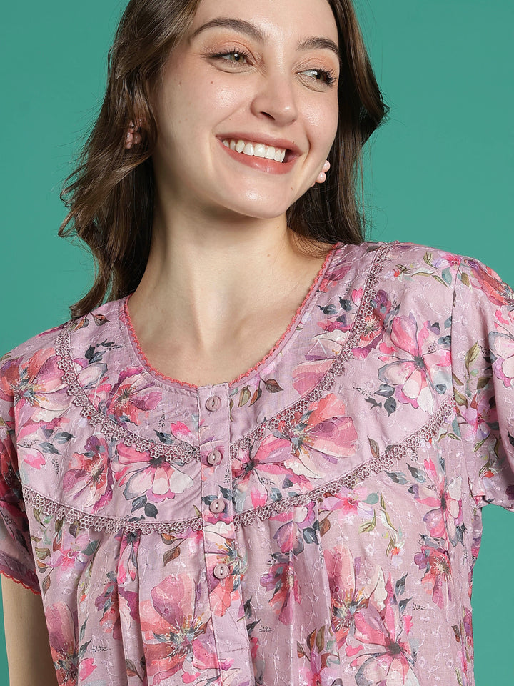 Branded 100% pure cotton pink floral nighty for women
