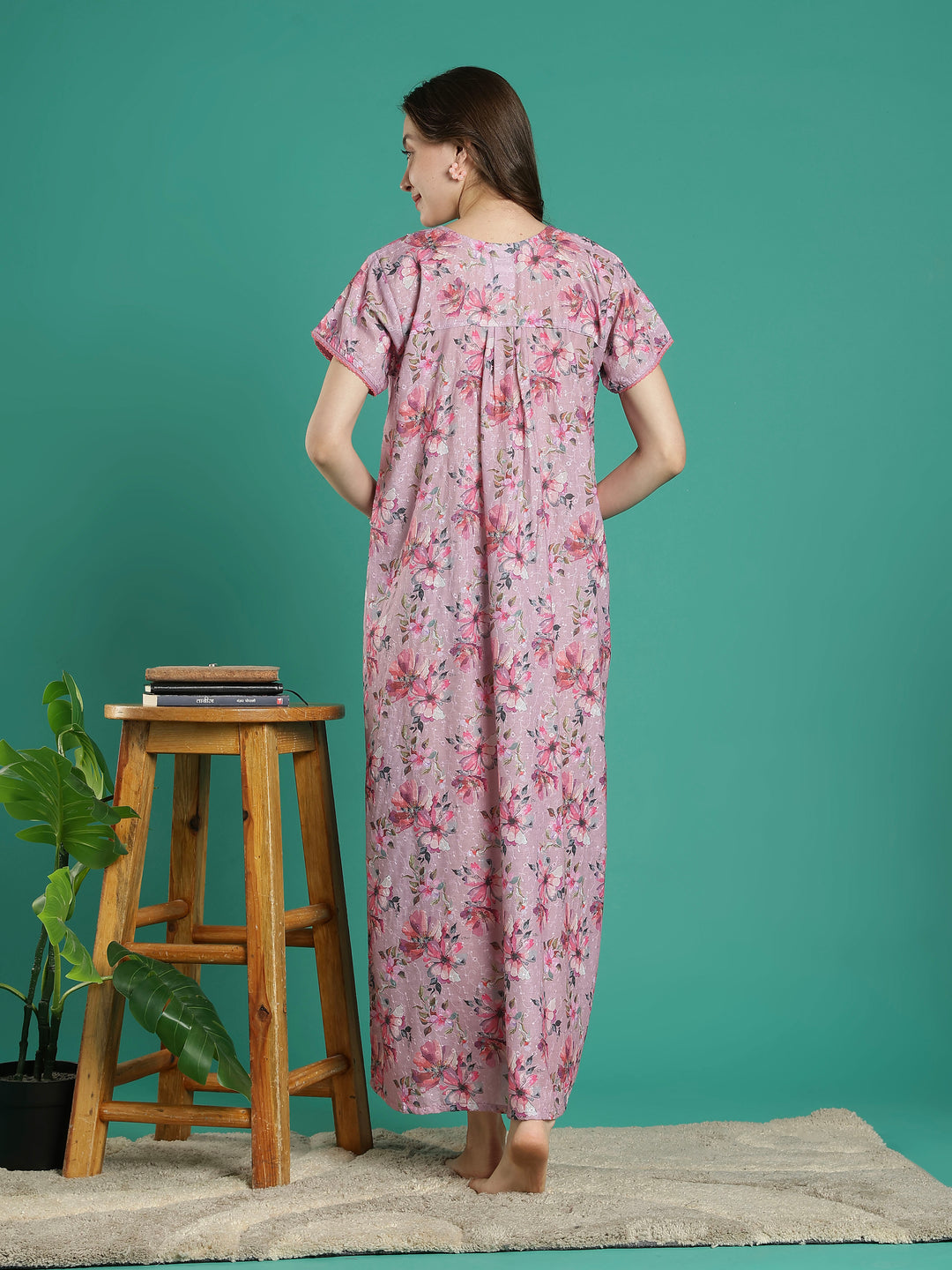 Branded 100% pure cotton pink floral nighty for women