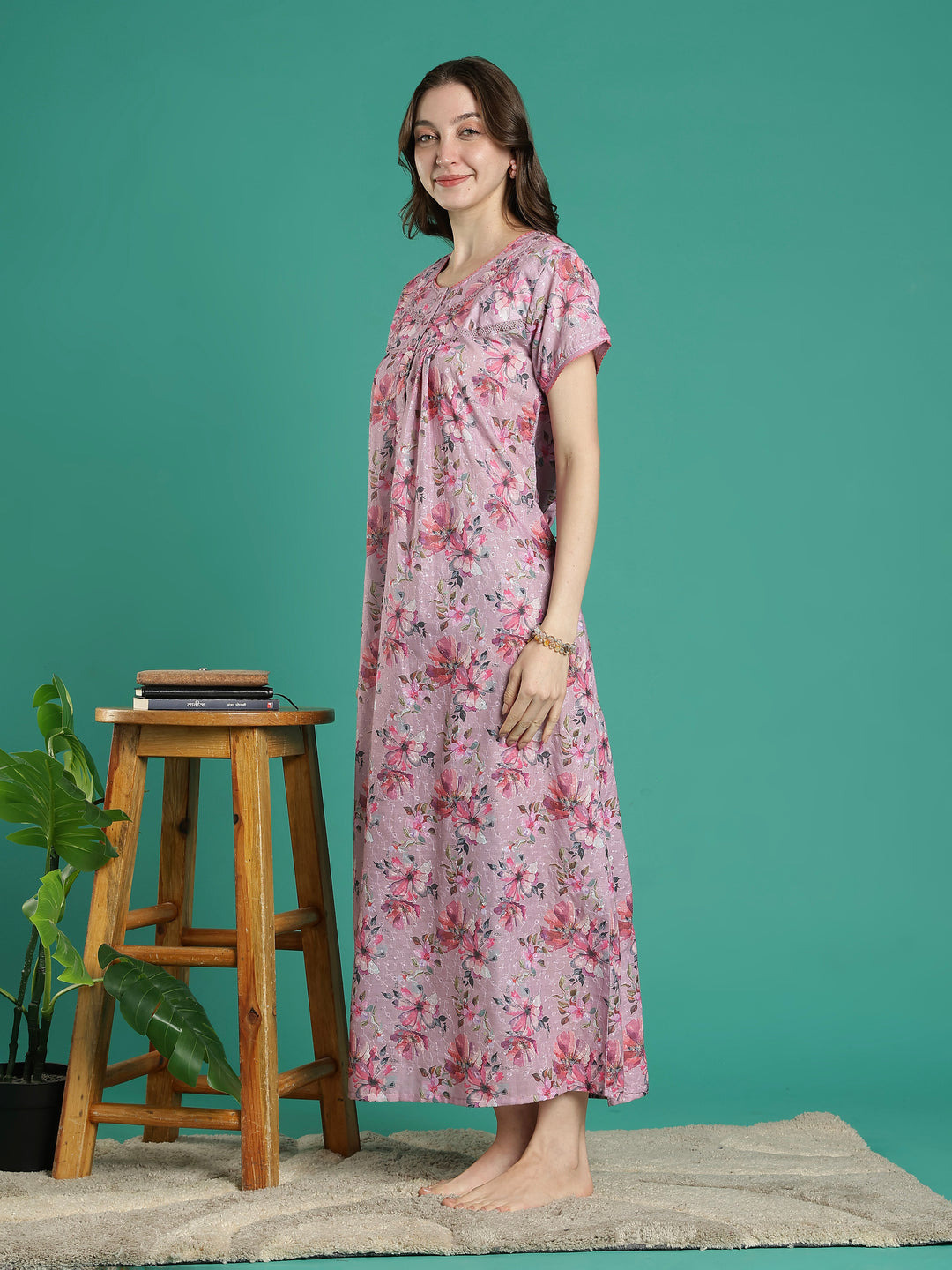Branded 100% pure cotton pink floral nighty for women