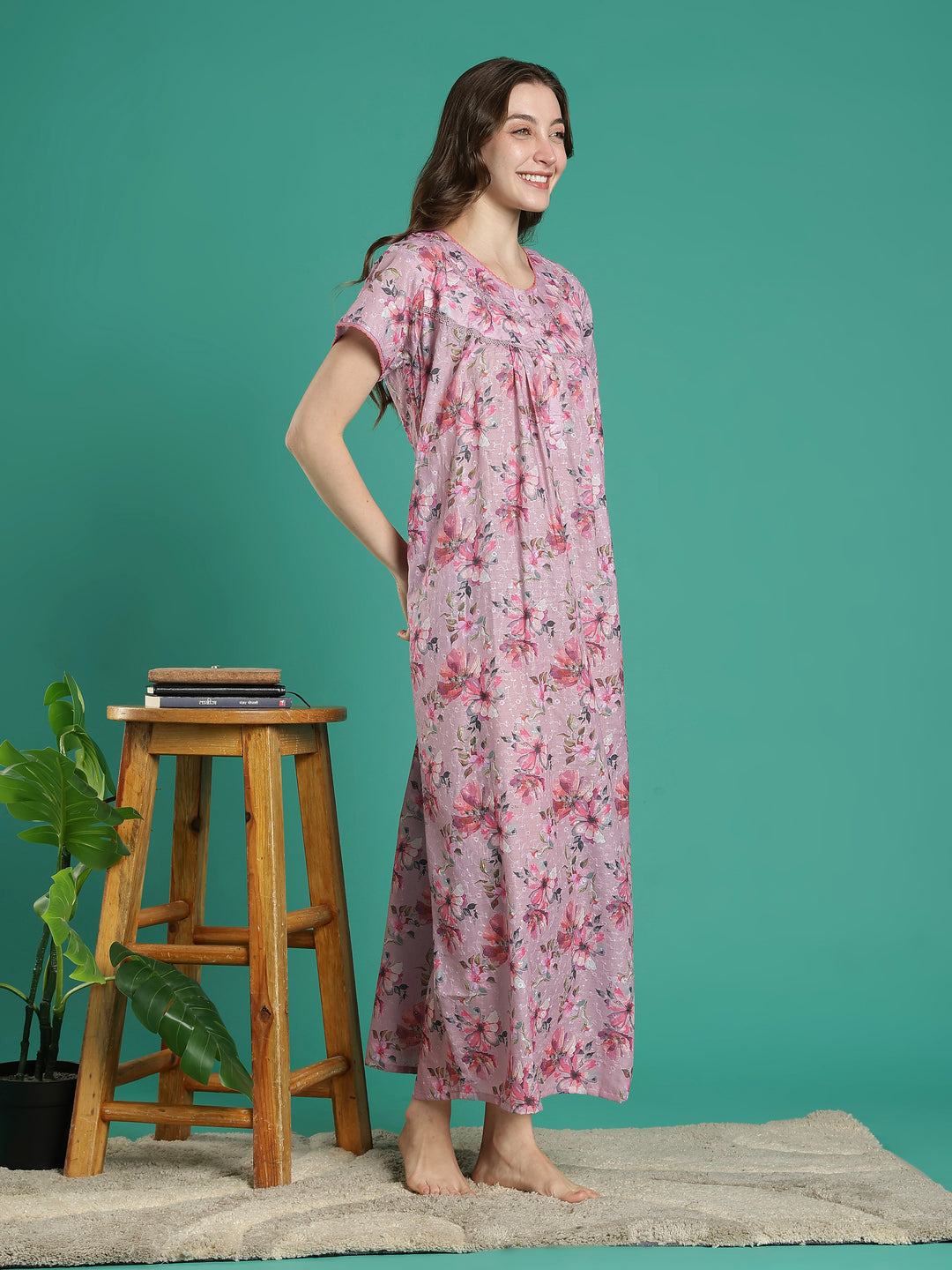 Branded 100% pure cotton pink floral nighty for women