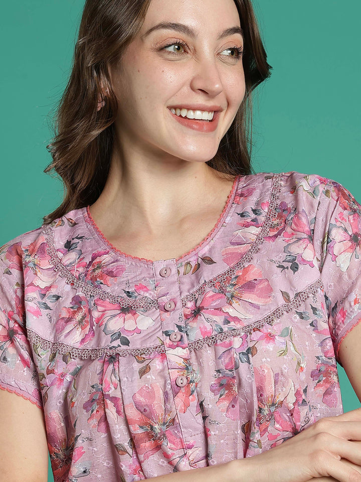 Branded 100% pure cotton pink floral nighty for women