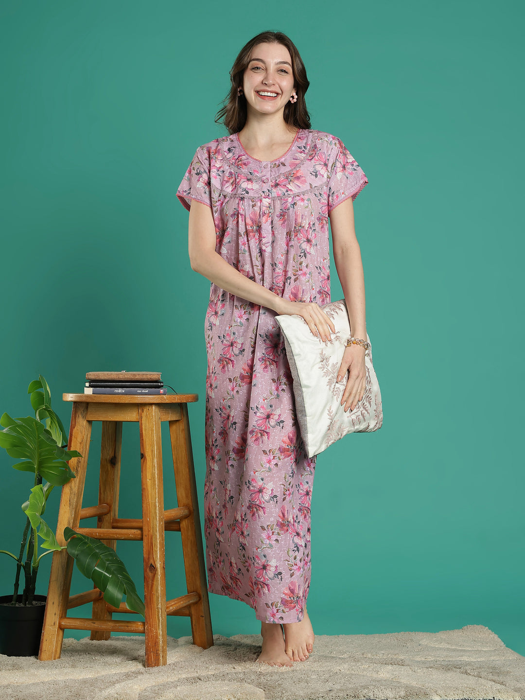 Branded 100% pure cotton pink floral nighty for women