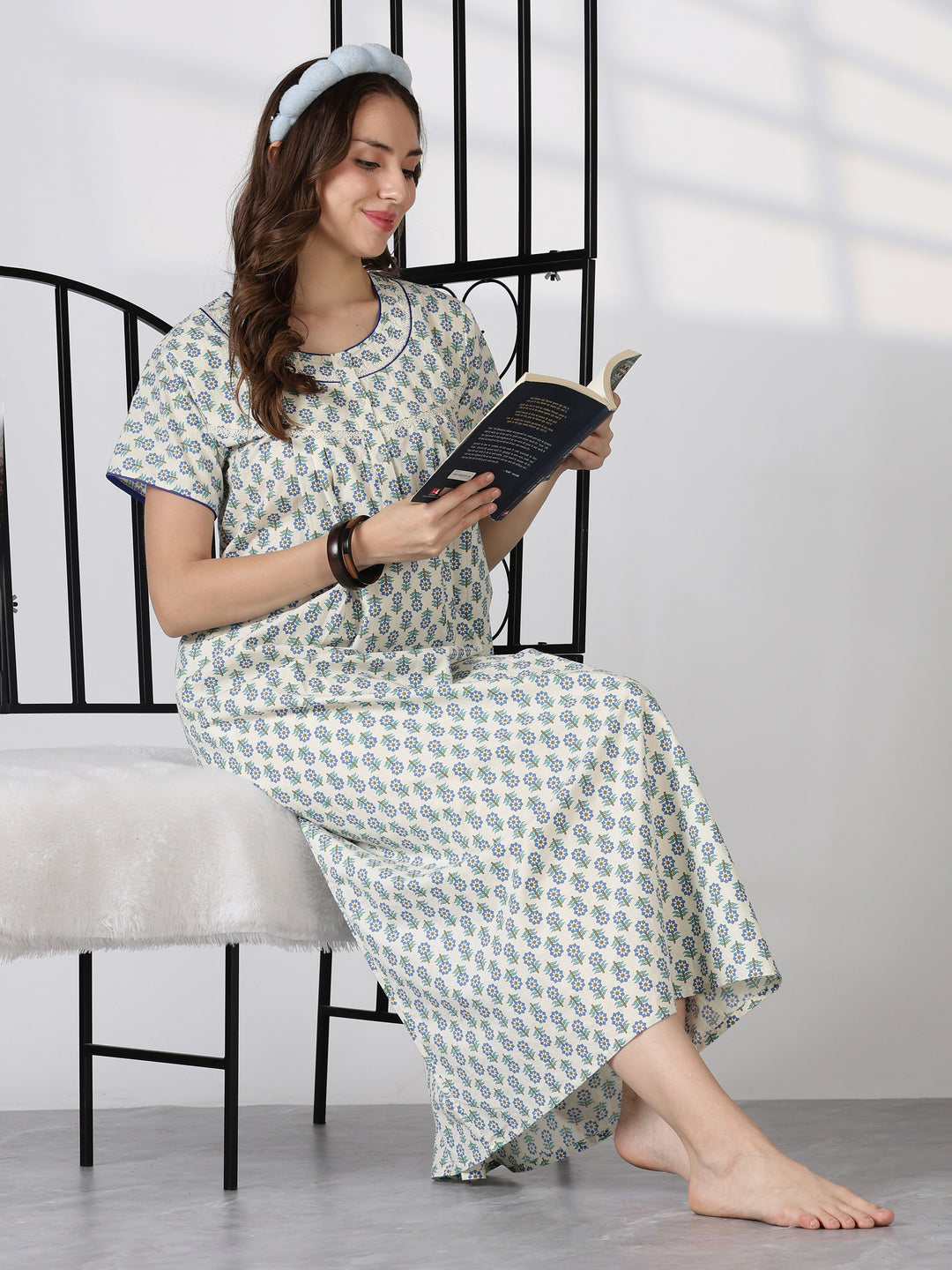 Blue comfortable printed pure cotton nighty for ladies