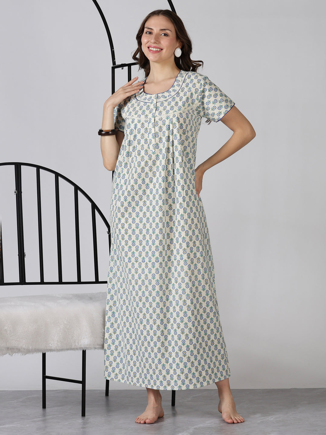 Blue comfortable printed pure cotton nighty for ladies