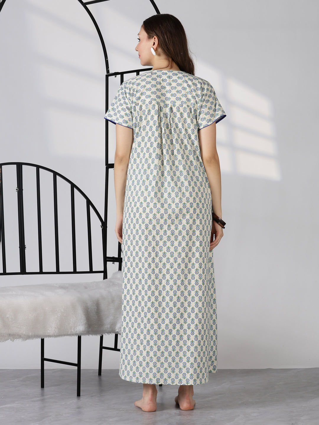 Blue comfortable printed pure cotton nighty for ladies