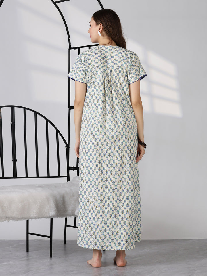 Blue comfortable printed pure cotton nighty for ladies