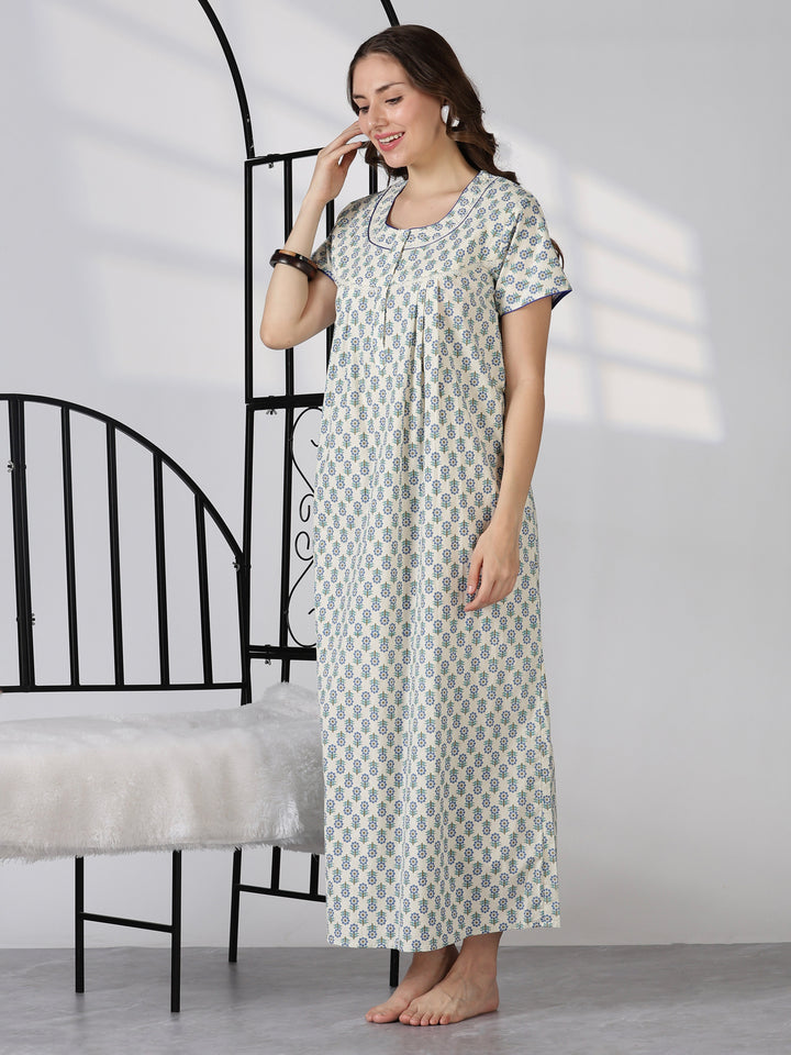 Blue comfortable printed pure cotton nighty for ladies