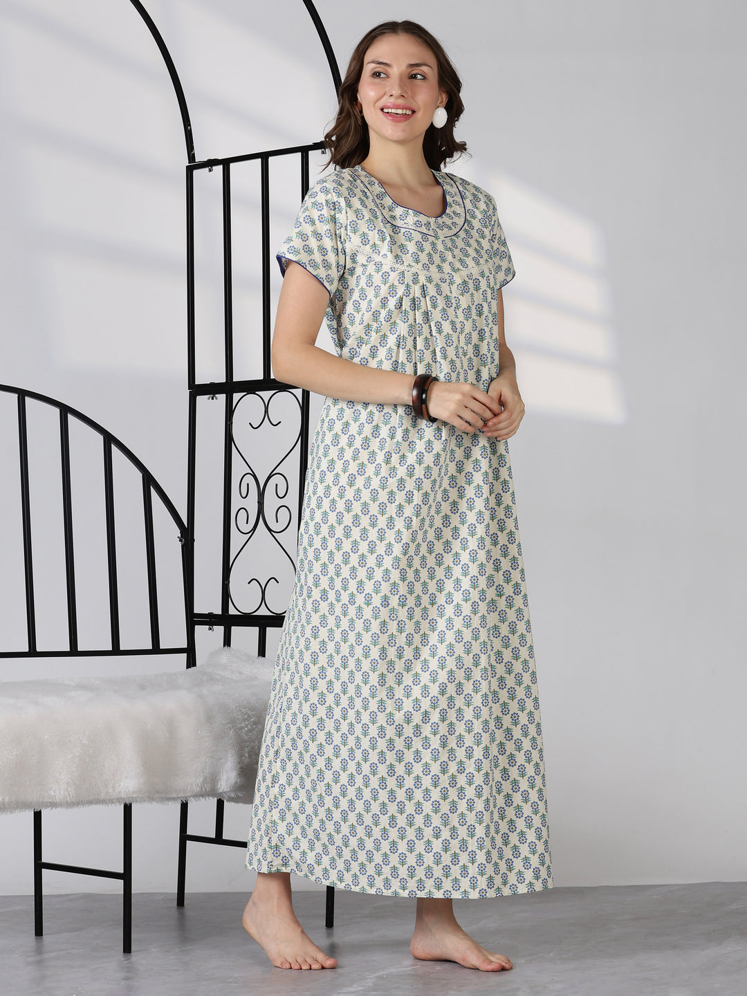 Blue comfortable printed pure cotton nighty for ladies