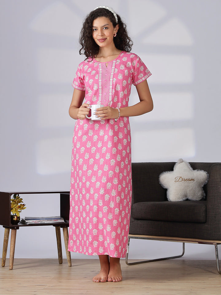 Stylish and branded pure cotton pink nighty for women