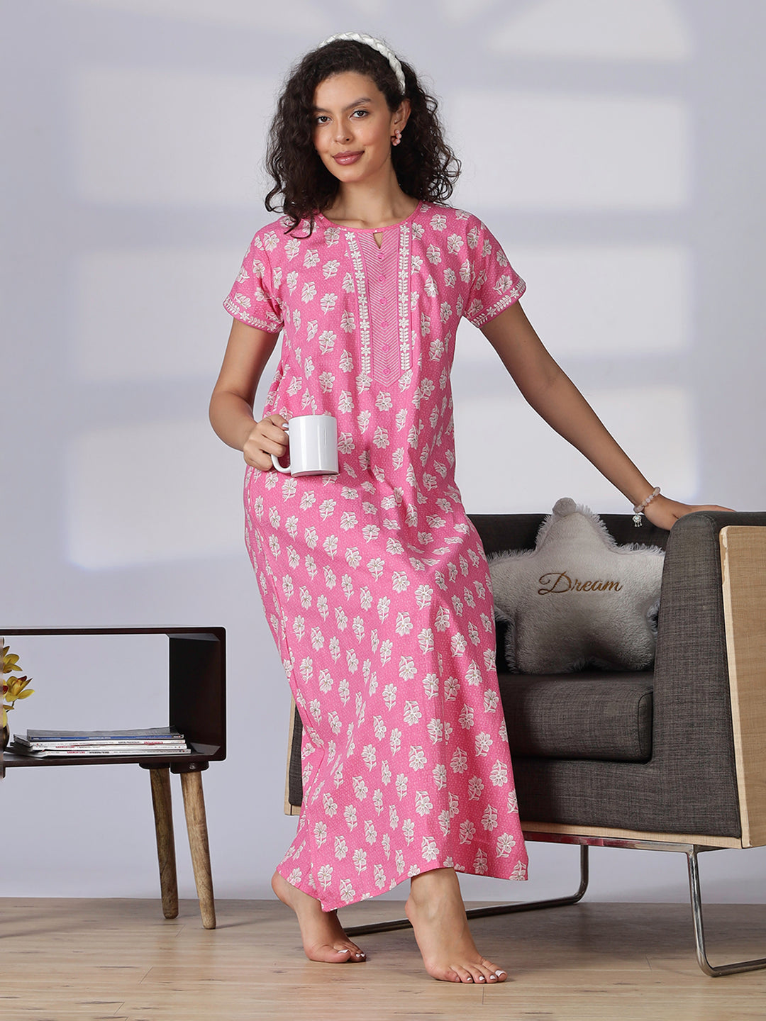 Stylish and branded pure cotton pink nighty for women