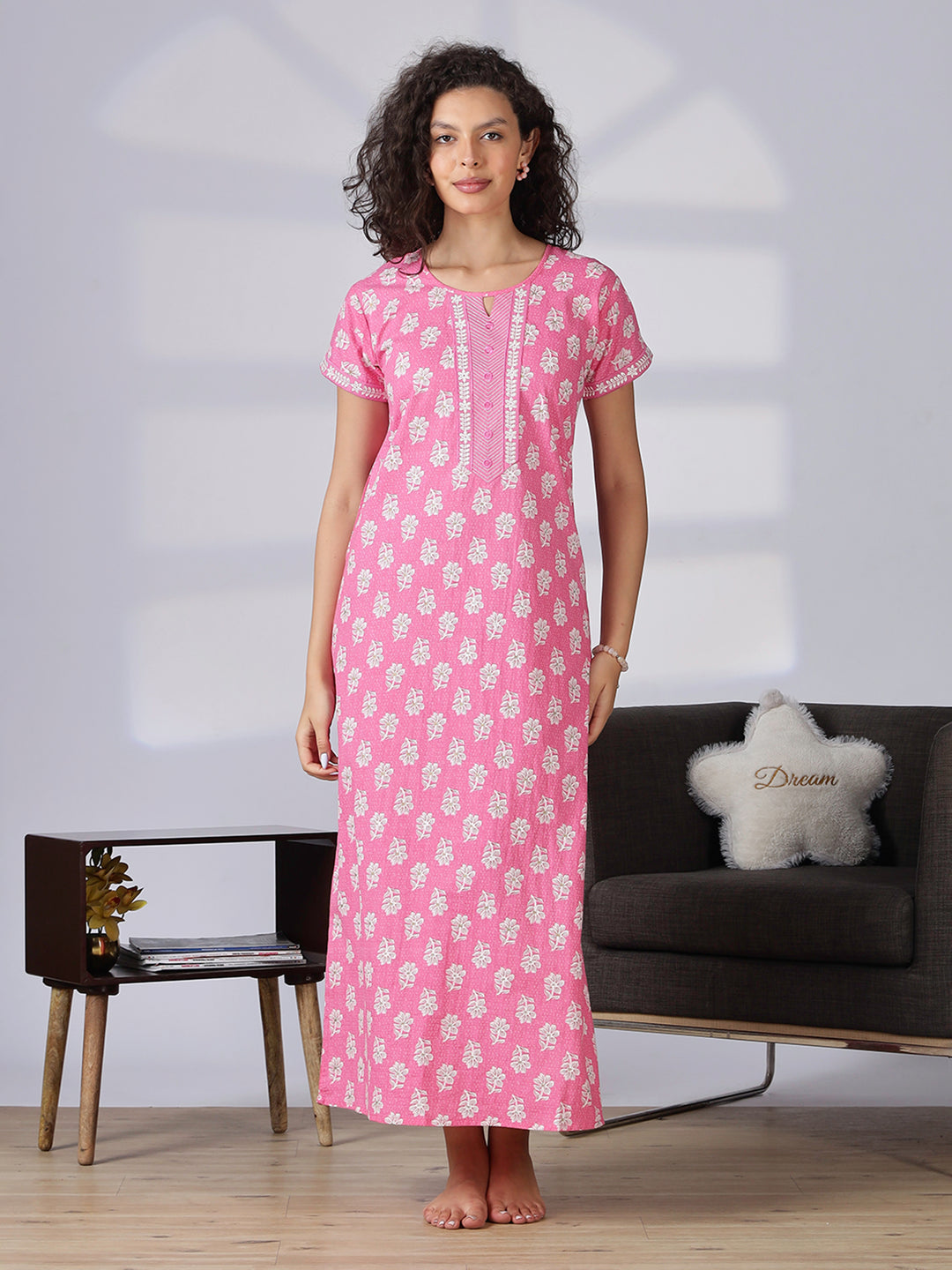 Stylish and branded pure cotton pink nighty for women