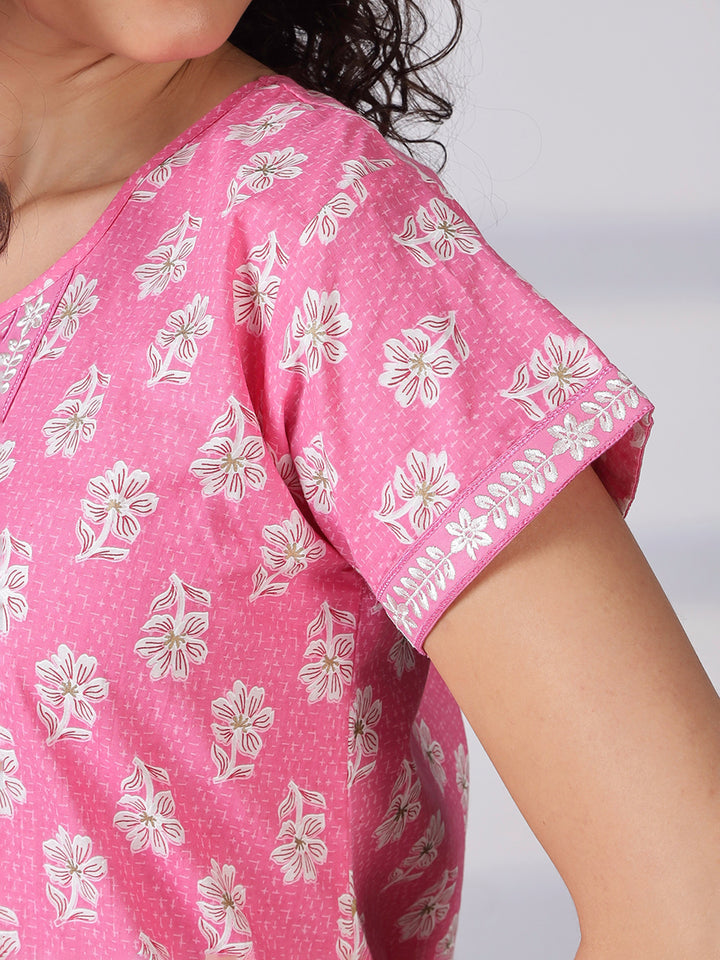 Stylish and branded pure cotton pink nighty for women