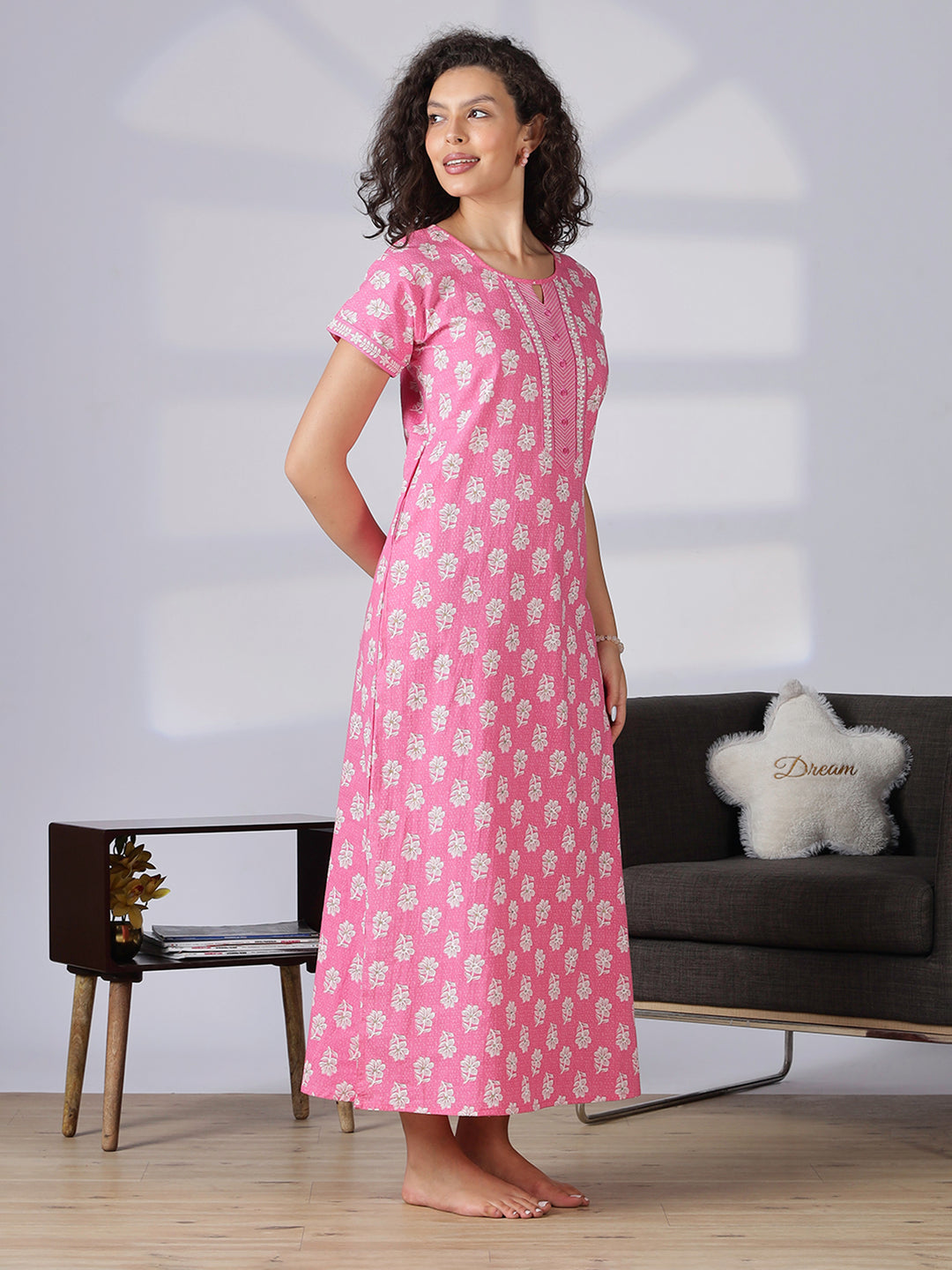 Stylish and branded pure cotton pink nighty for women