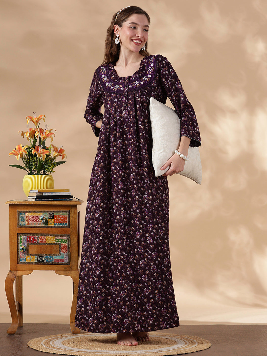 Alpine Floral Purple Embroidery Nighty For Women