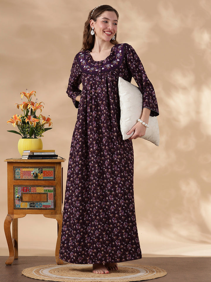 Alpine Floral Purple Embroidery Nighty For Women